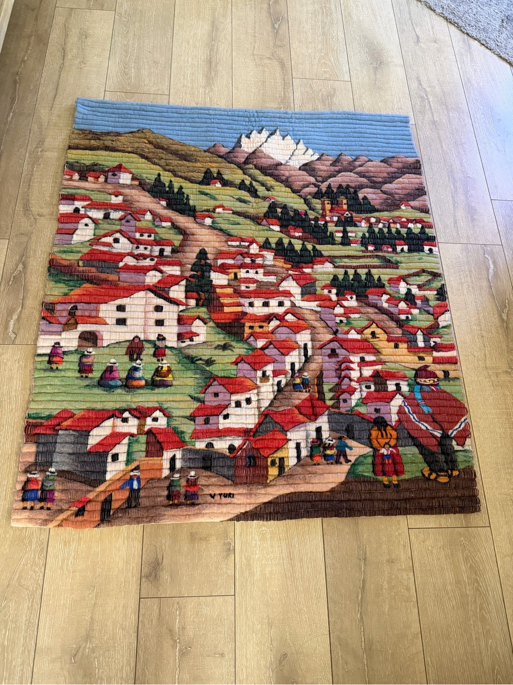 VTG V Yuri Handwoven Wool Tapestry Peruvian Village Mountain Wall Hanging